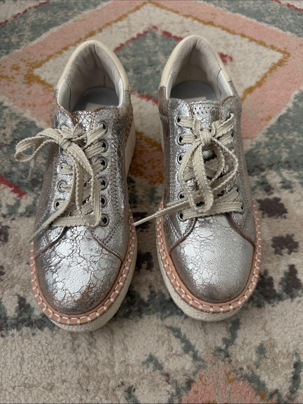 Dolce Vita Twain Metallic Silver Cracked Leather Lace-Up Sneakers